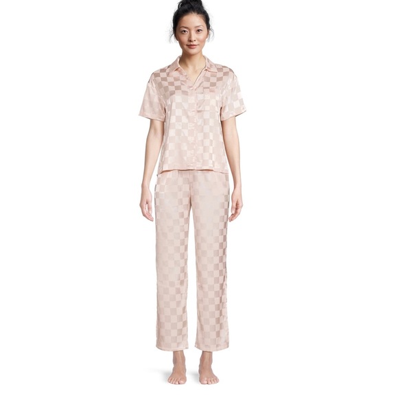 LISSOME WOMEN’S SATIN CHECKERED BOXY CROP TOP AND PANTS SLEEP SET - Picture 1 of 6